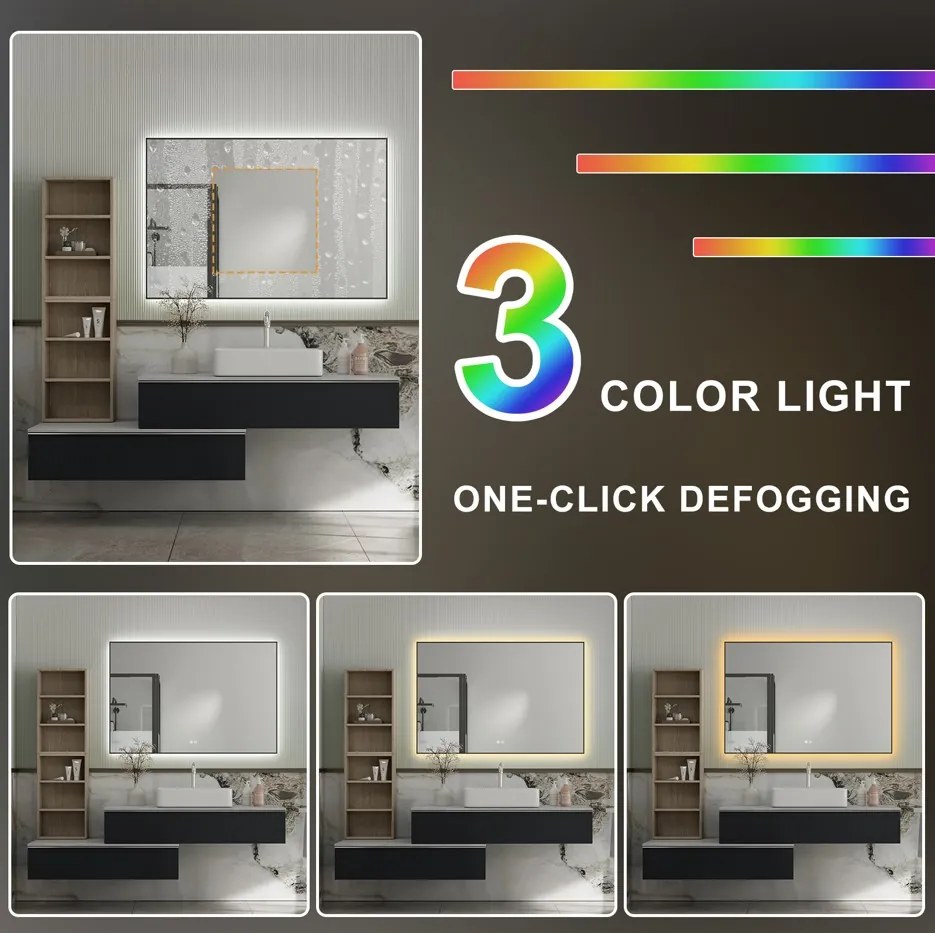 Erga Megan, LED zrkadlo 100x80cm v čiernom ráme, 2760 lm, 3 farby svetla, zadné osvetlenie, ERG-V01-MEGAN-1080-BK