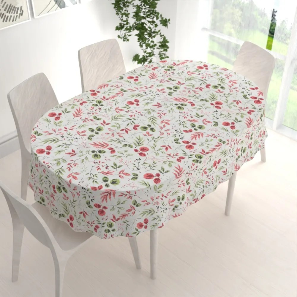 Biante Dekoračný oválny obrus Leona LN-138 Červené a zelené lístky 100x140 cm