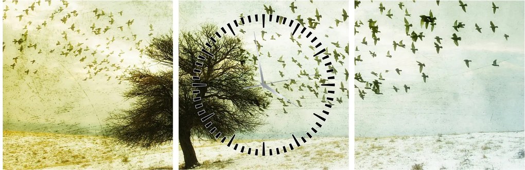 Obraz - Maľovaný kŕdeľ vtákov (s hodinami) (90x30 cm)