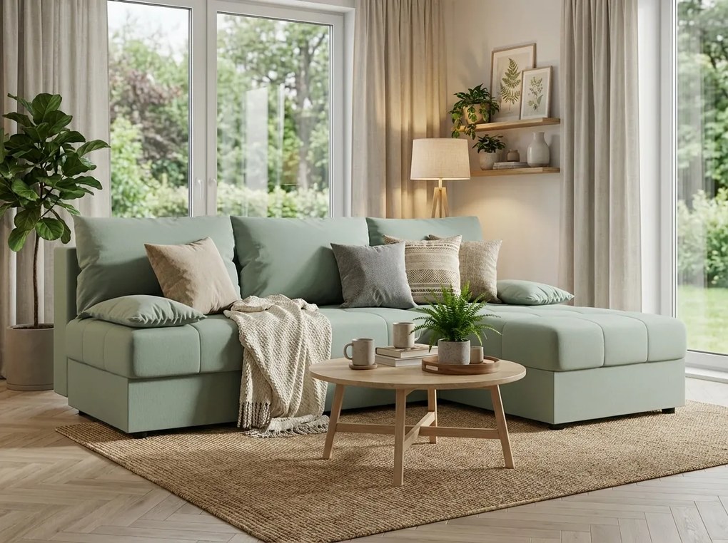 Rozkladacia obojstranná sedacia súprava do L VENORIA SLIM 200x143 cm, svetlozelená + 2 vankúšiky ZDARMA