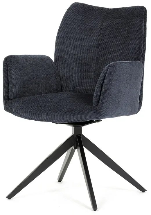 Židle jídelní, modrá látka, otočný mechanismus 180°, černý kov