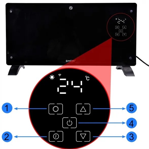 Sklenený konvekčný ohrievač Eco Wifi termostat 2000W čierny