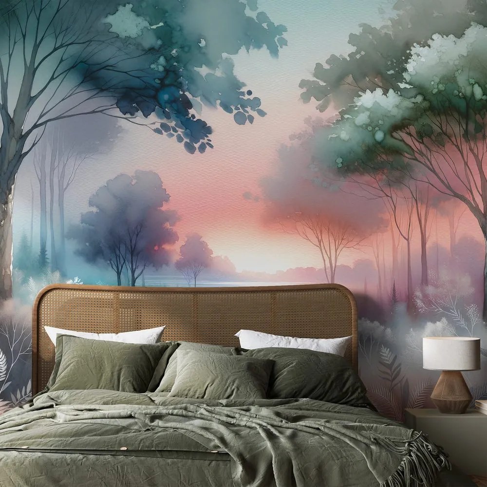 Samolepiaca tapeta pastelová lesná krajina pri západe slnka