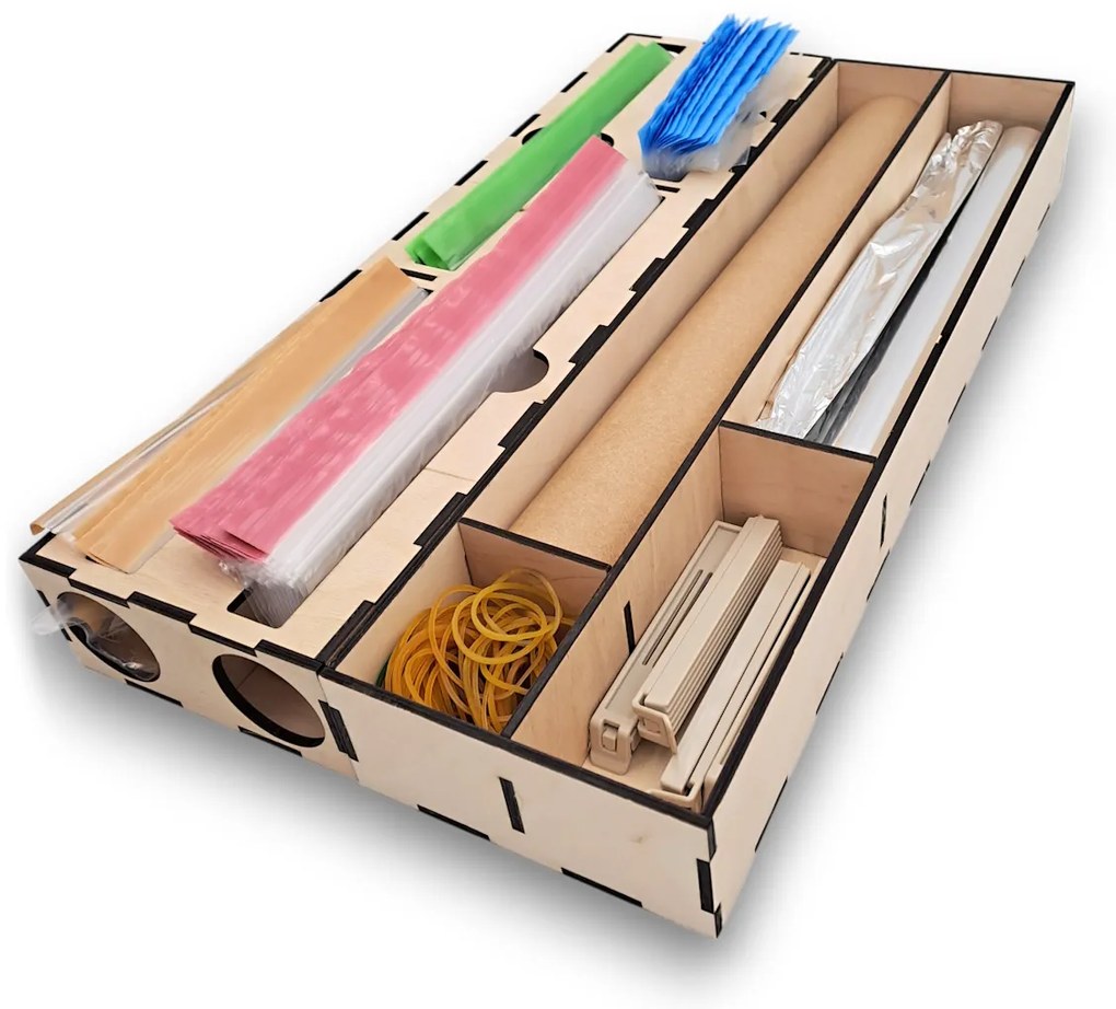 Organizér na fólie/alobal, 4 priehradky do zásuvky, drevený VASKY 13 x 46 cm