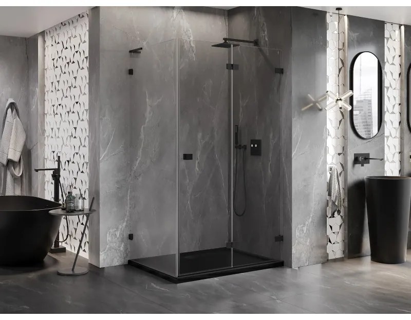 Mexen Lunar-F L, sklápací sprchový kút pravý 90 x 80 cm, 8mm číre sklo, čierny profil, 836L-090-080-70-00-P