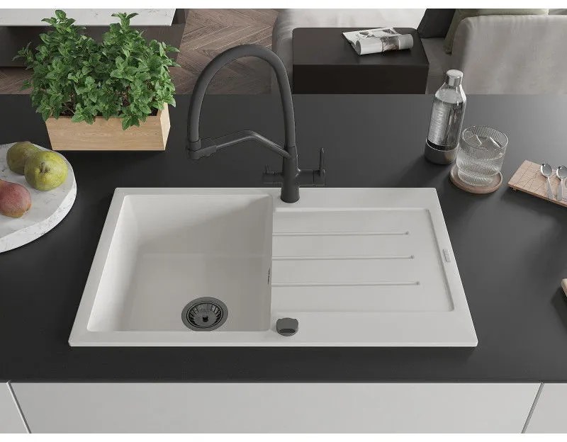 Mexen Bruno, 1-komorový granitový drez 795x495x200 mm a drezová batéria Duo, biela, 6513-20-671701-70-B