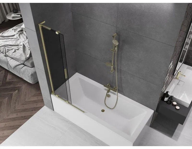 Mexen Velar L, 2-krídlová posuvná vaňová zástena 85 x 150 cm, 8mm šedé sklo, zlatá matná, 896-085-003-41-55