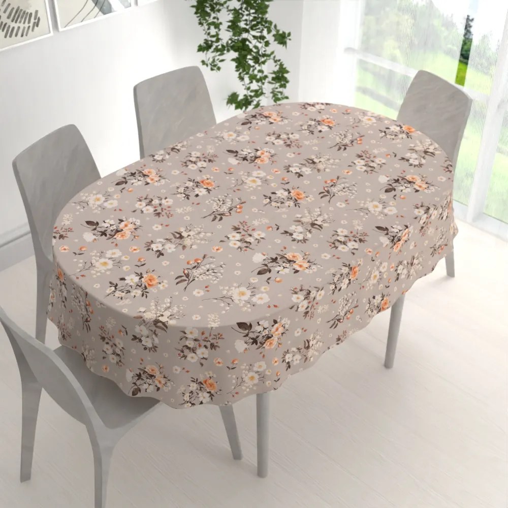 Biante Bavlnený oválny obrus Sandra SA-739 Ruže a konvalinky na béžovosivom 120x140 cm