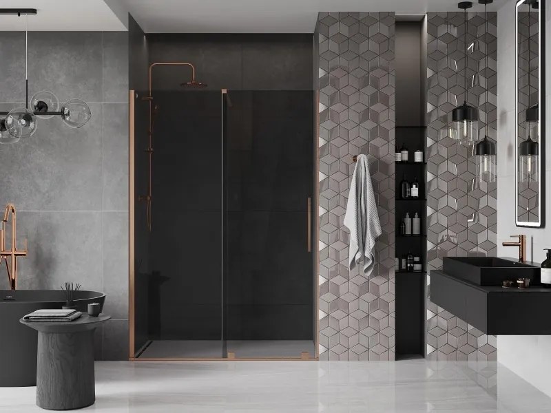 Mexen Velar, posuvné sprchové dvere do otvoru 140 cm, 8mm šedé sklo, medená matná, 871-140-000-41-65