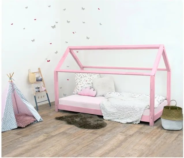 Ružová detská posteľ bez bočníc zo smrekového dreva Benlemi Tery, 120 × 190 cm