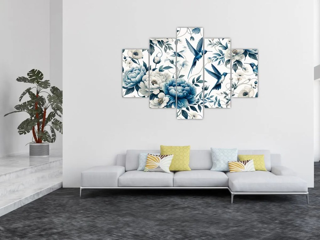 Obraz - Kolibríky s kvetmi (150x105 cm)