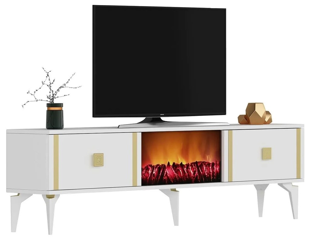 TV stolík/skrinka s krbom Tobuvu 2 (biela + zlatá) . Akcia -18%. Vlastná spoľahlivá doprava až k Vám domov. 1095521