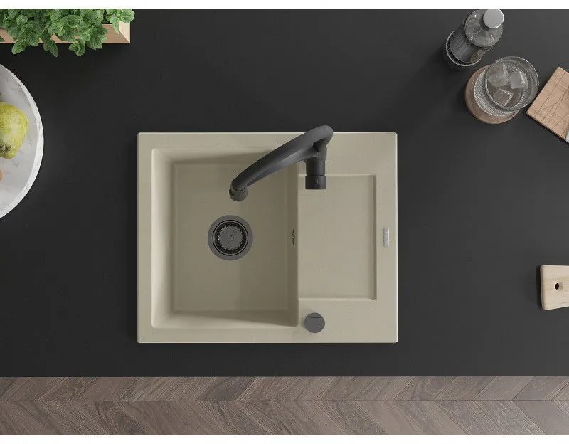 Mexen Enzo, 1-komorový granitový drez 576x465x174 mm a drezová batéria Aster, béžová, 6506-69-73450-70-B