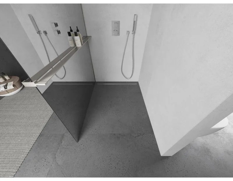 Mexen Kioto+, sprchová zástena Walk-In s poličkou a vešiakom 70 x 200 cm, 8mm sklo vzor zrkadlo, brúsená oceľ profil, 800-070-121-97-50