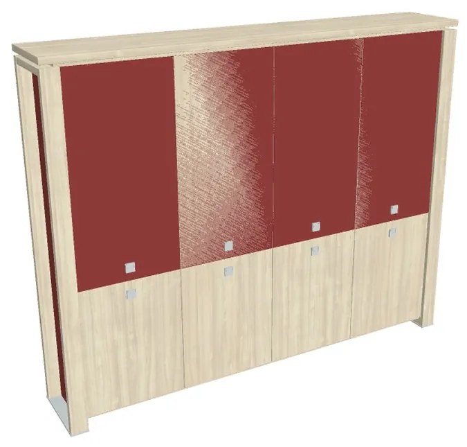 Vysoká skriňa Verno+ S 260 x 46 x 210 cm, kombinované dvere, agát / červená