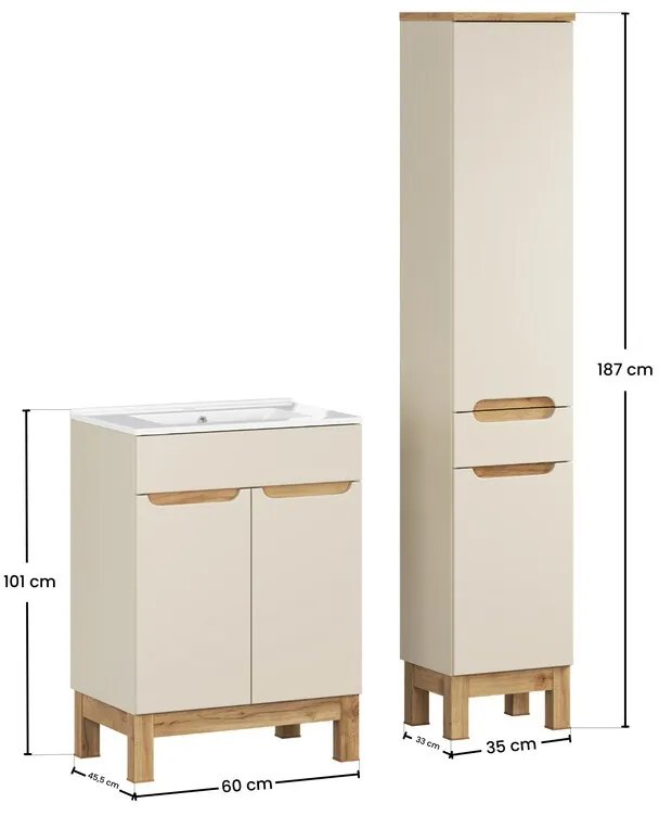 Kúpeľňová zostava Bali Lava so zápustným umývadlom, skrinkami 60 cm kašmírová/dub wotan