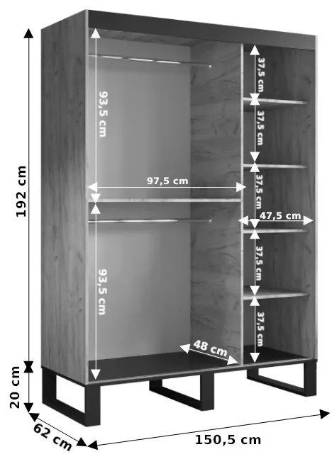 Šatníková skriňa 150 cm Lennox (dub craft zlatý + čierna). Vlastná spoľahlivá doprava až k Vám domov. 1063567