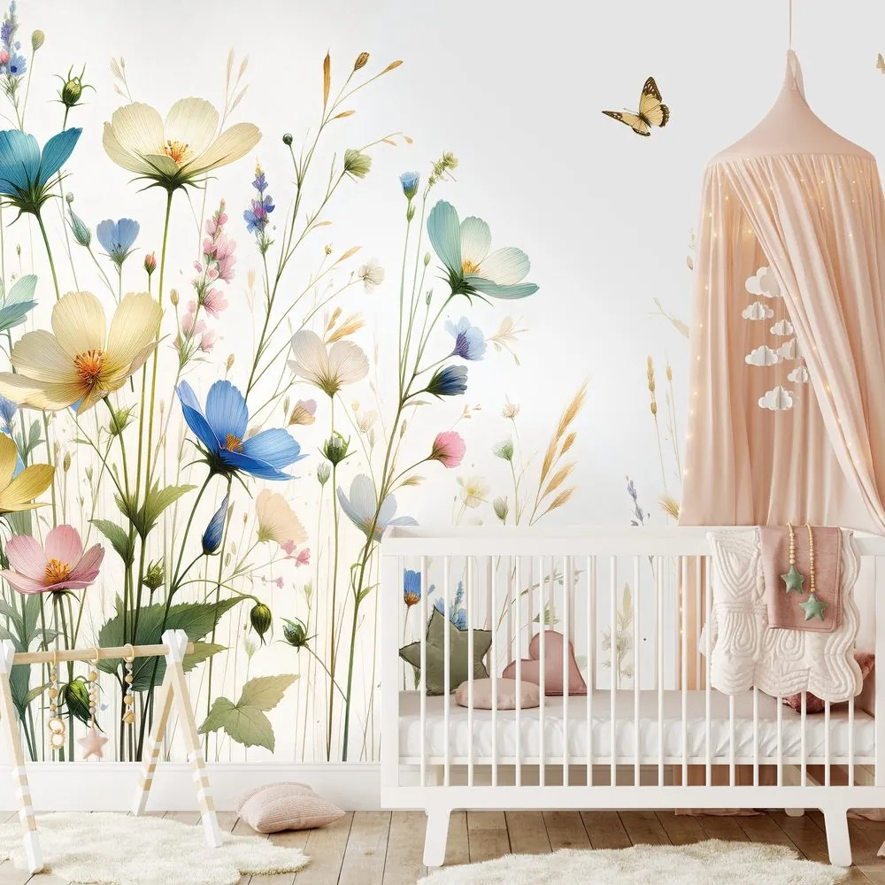 Tapeta pastelové kvety a lietajúce motýle