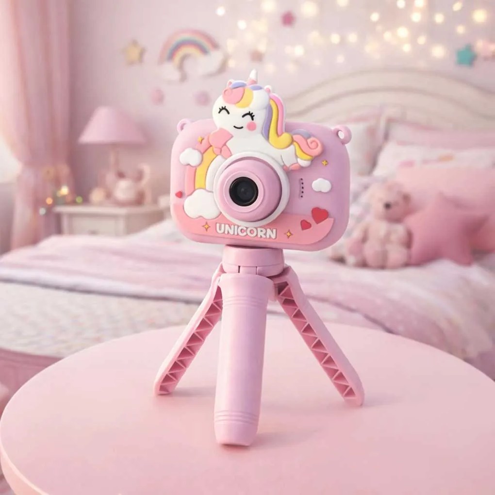 Detský digitálny fotoaparát KIK jednorožec 1080P so statívom, fialový
