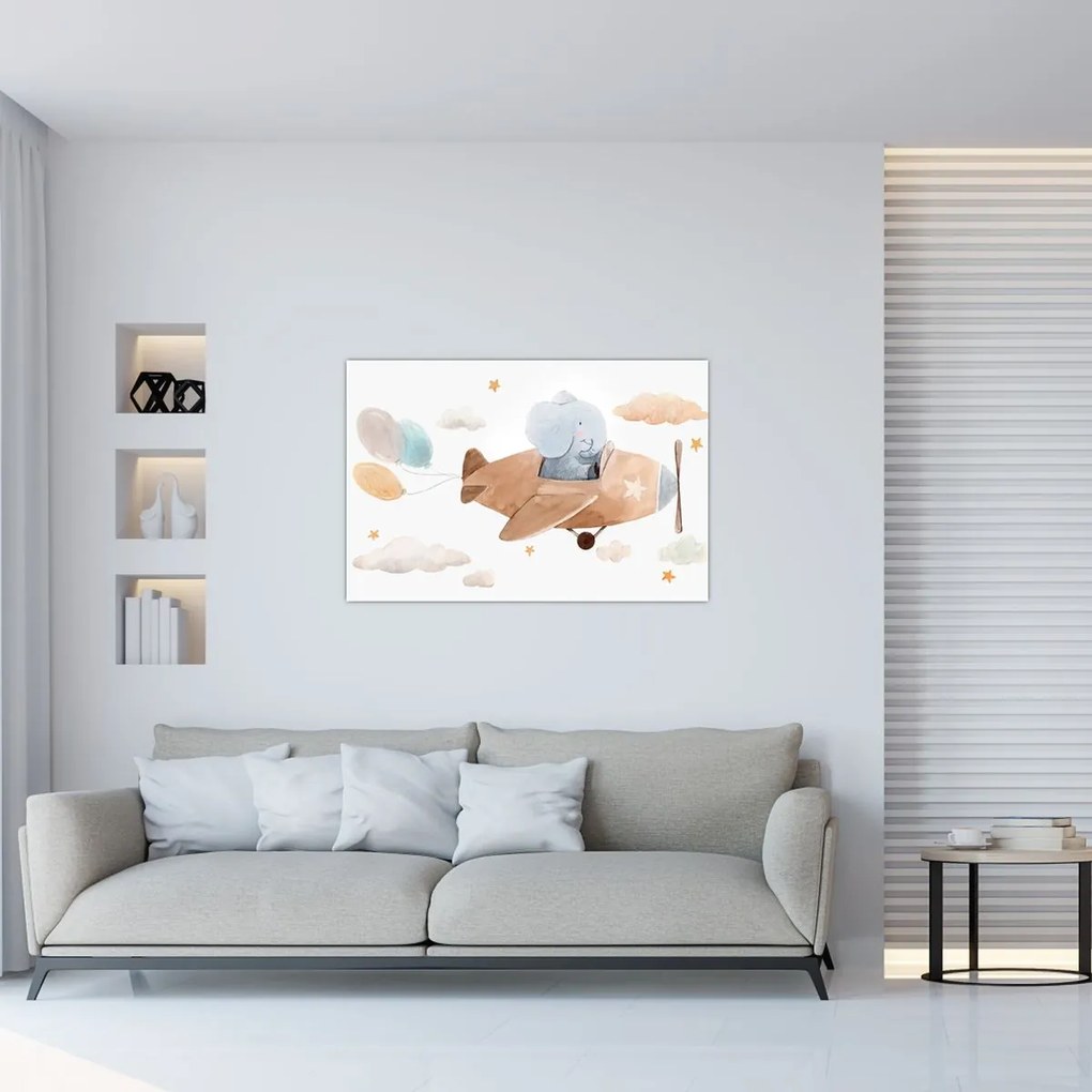 Obraz - Akvarelový slon v lietadle (90x60 cm)
