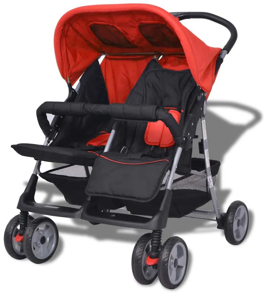 Oceľový kočík pre dvojičky, červeno-čierny