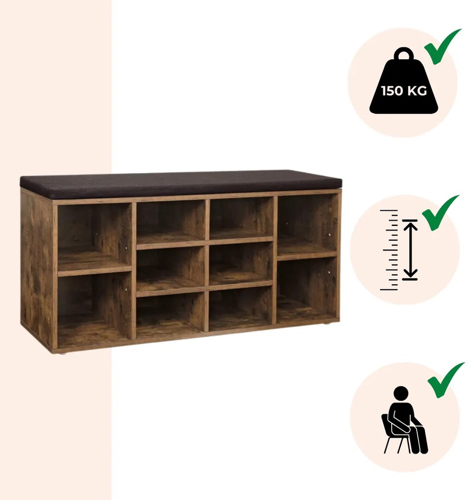 Botník s čalúnenou lavicou GABI, 10 priehradiek, 104x30x48cm, čierna/tmavá hnedá Jurhan