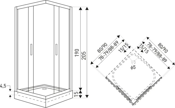 Novoterm Štvorcový sprchový kút NV-Soho 80x80 čierna/ornamentálne sklo - bez vaničky