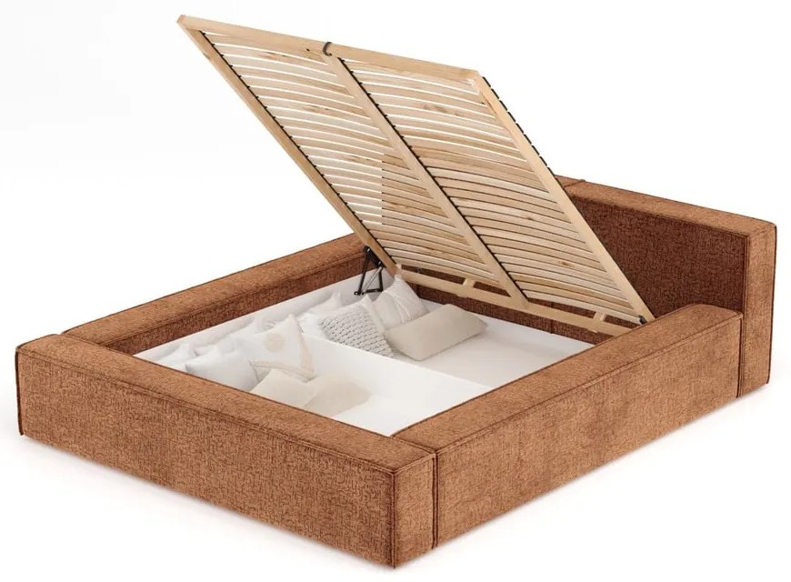 Oranžová čalúnená dvojlôžková posteľ s úložným priestorom s roštom 140x200 cm Voliera – Maison de Rêve