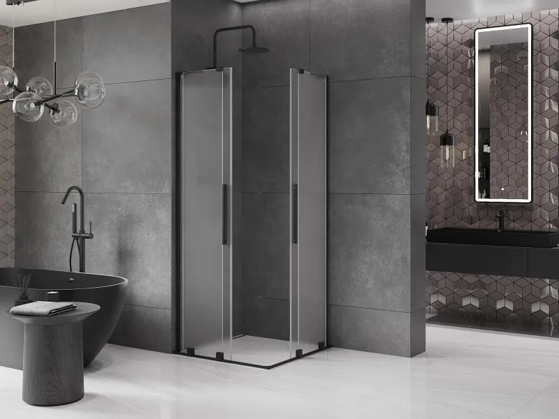 Mexen Velar L Duo, sprchový kút s posuvnými dverami 100 x 100 cm, 8mm sklo námraza, čierna matná, 871-100-100-02-33-70