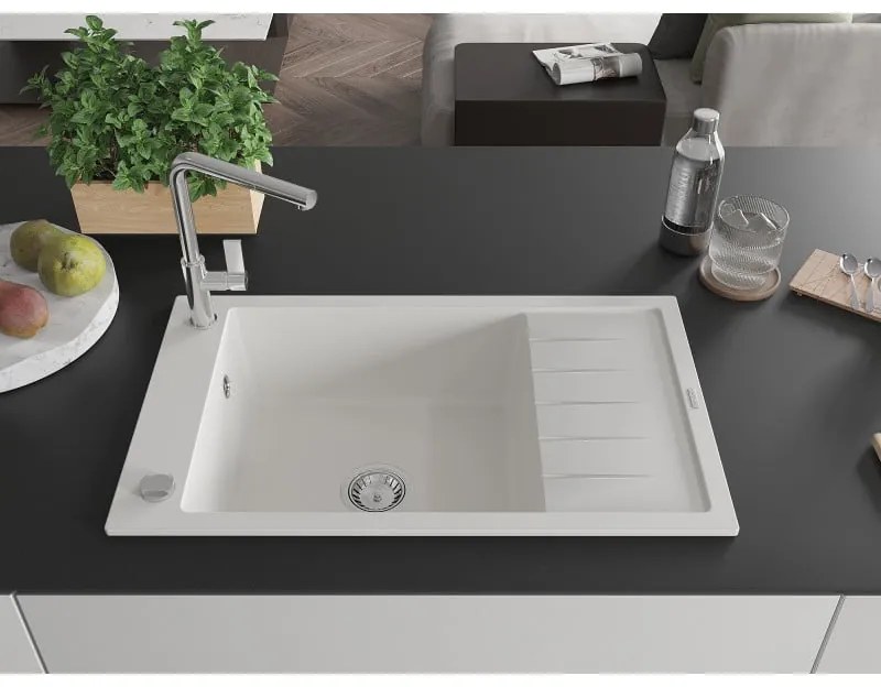Mexen Elias, 1-komorový granitový drez 795x480x200 mm a drezová batéria Flora, biela, 6511-20-670401-00