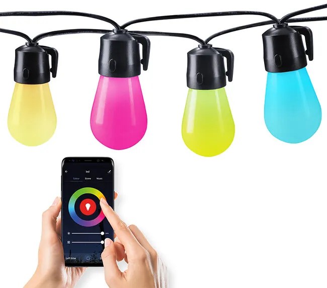 Solight WO795 LED smart vonkajšia reťaz s RGB žiarovkami, bluetooth, 15 žiaroviek, 14m+6m, 10W