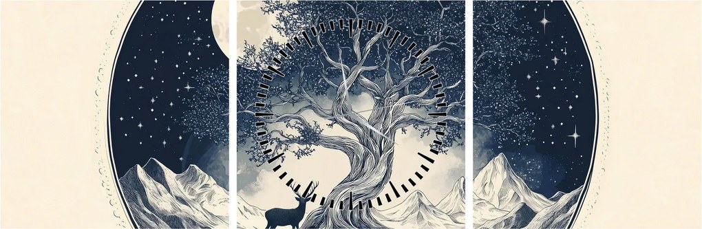 Obraz – Magický strom s jeleňom I. (s hodinami) (90x30 cm)