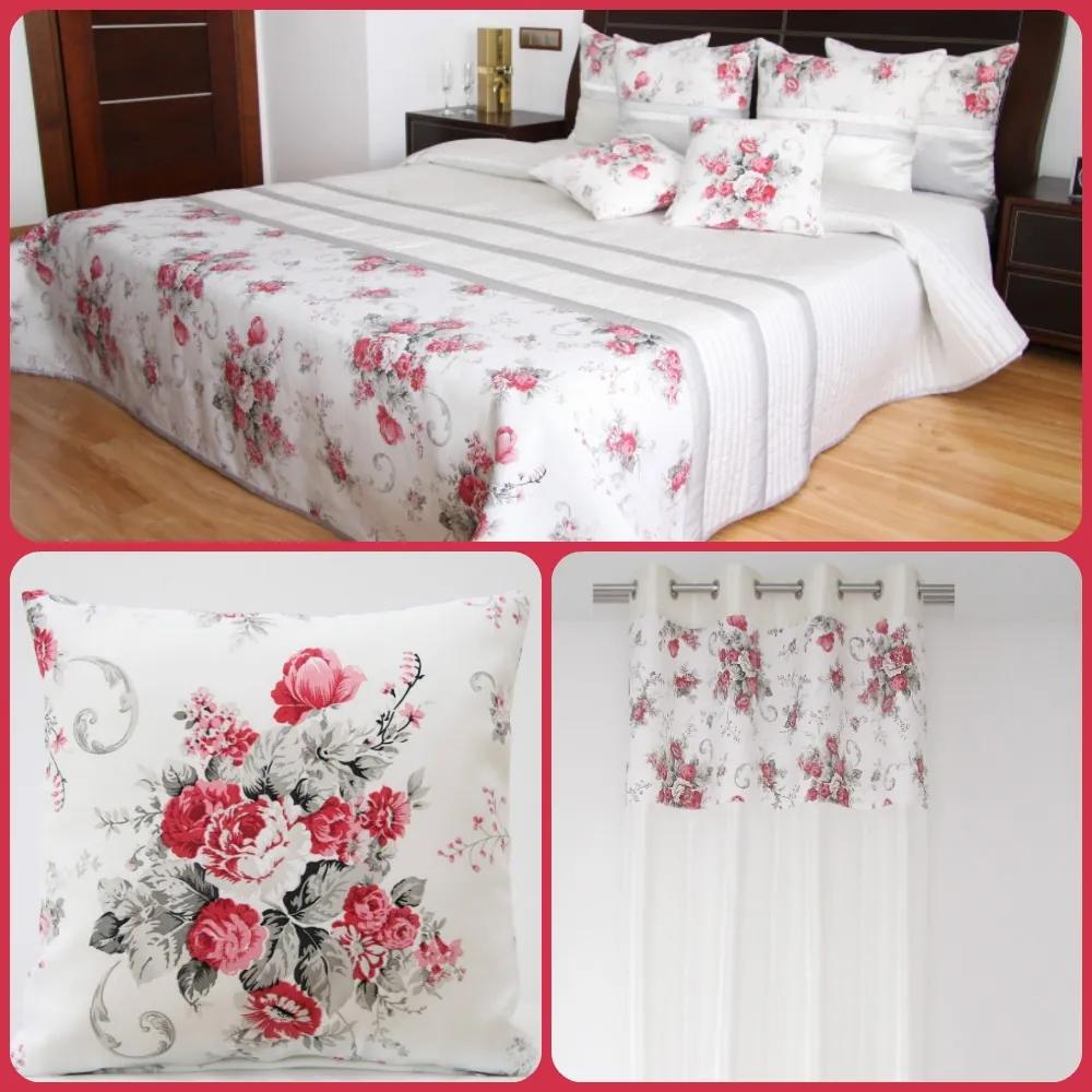 DomTextilu Dekoračný biely set do spálne v štýle vintage s kyticou červených kvetov  1 prehoz, 2 obliečky na vankúše a 1 záves Biela 4528 Biela