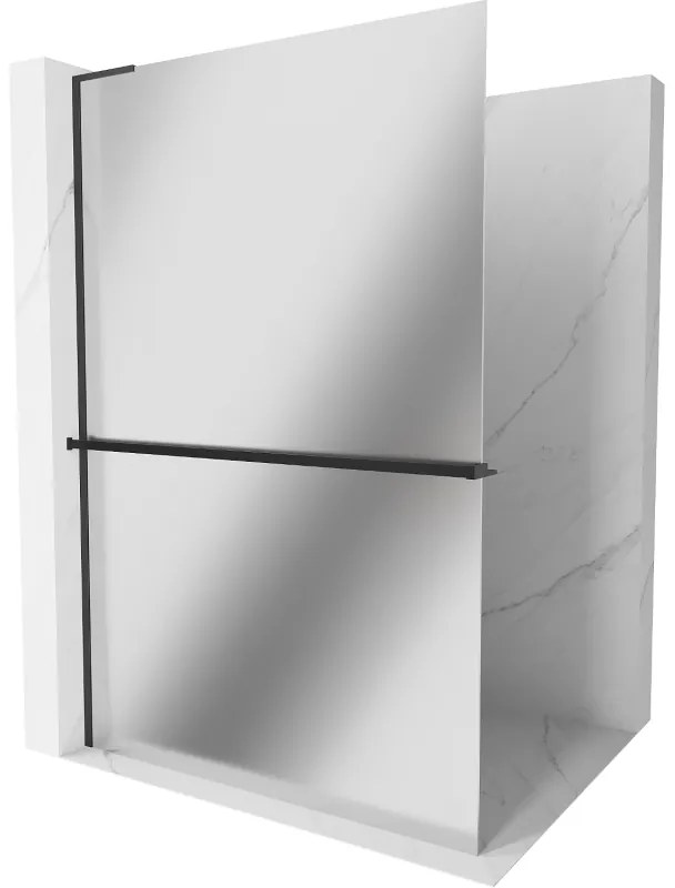 Mexen Kioto+ L, sprchová zástena Walk-In s poličkou a vešiakom 120 x 200 cm, 8mm sklo vzor zrkadlo, čierny profil, 800-120-123-70-50