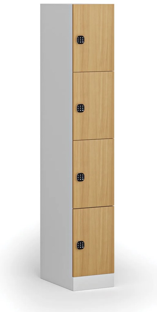 Šatníková skrinka S1 s úložnými boxmi, 4 boxy, 1850 x 300 x 500 mm, demont, kódový zámok, laminované dvere, buk