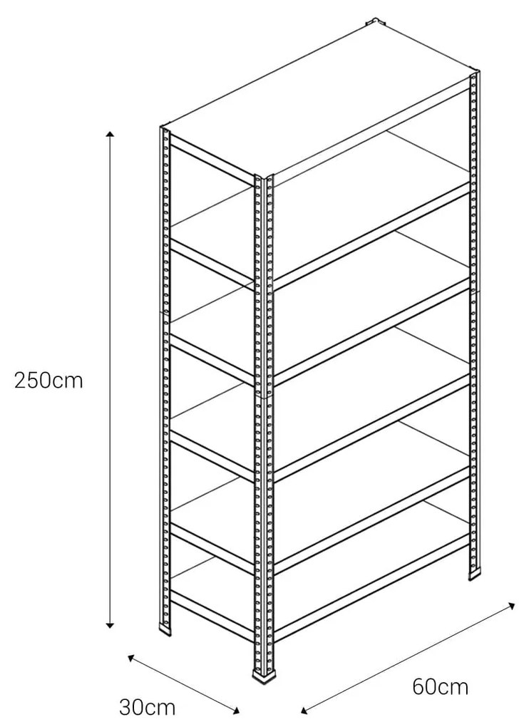 Skrutkový kovový regál 250x60x30cm, 6 políc