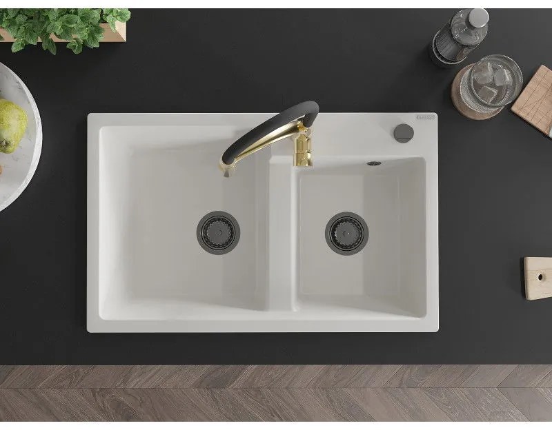 Mexen Tomas, 2-komorový granitový drez 800x500x190 mm a drezová batéria Aster, biela, 6516-20-73450-57-B