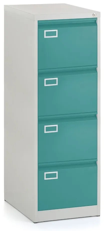 Kovová kartotéka A4 - 4 zásuvky, 45,5 x 62 x 132 cm, cylindrický zámok, zelená - ral 6033