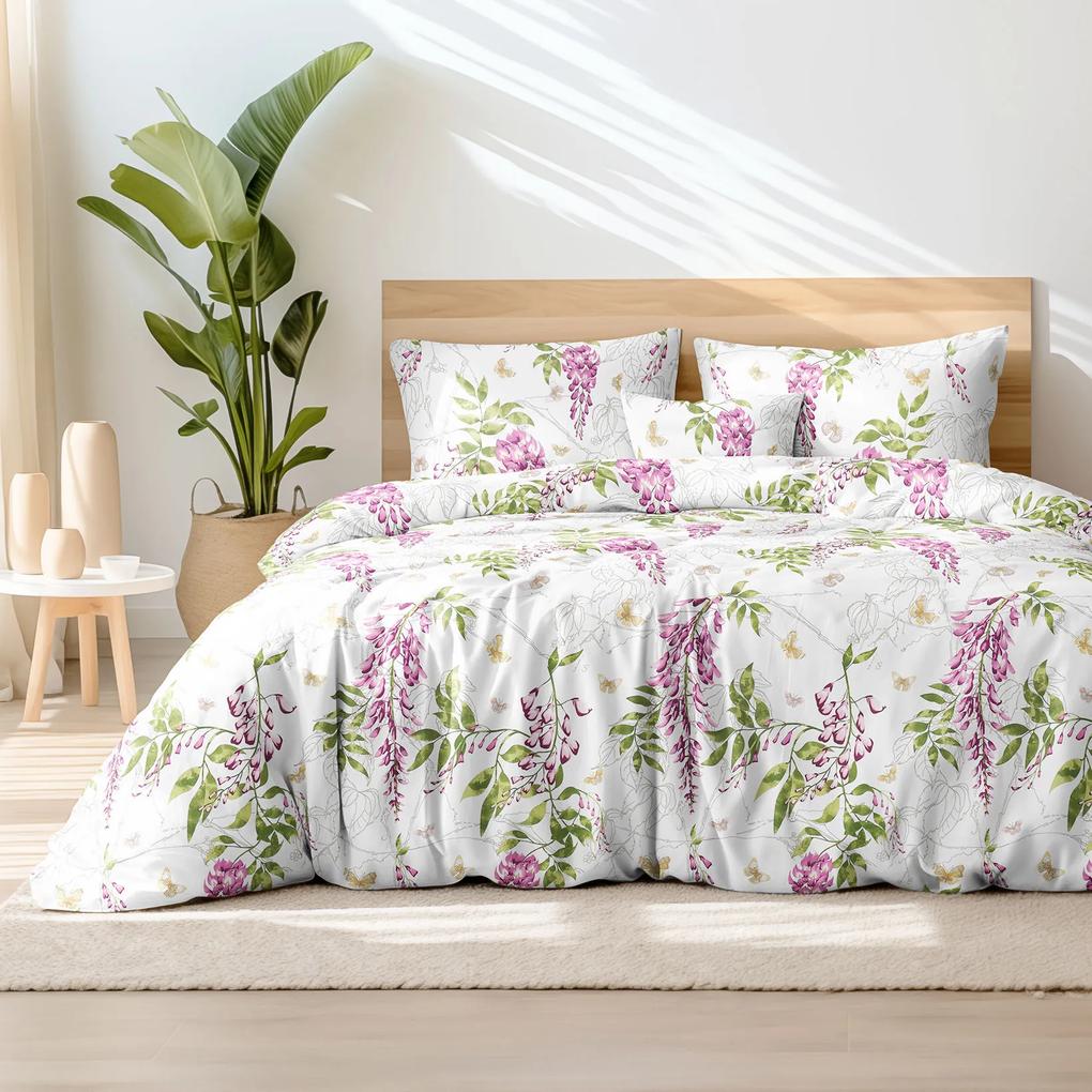 Goldea saténové posteľné obliečky deluxe - kvety vistárie 140 x 200 a 70 x 90 cm