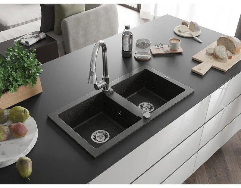 Mexen Mario, 2-komorový granitový drez 820x436x161 mm a drezová batéria Elia, čierna-zlatá metalíza, 6504-75-670101-00