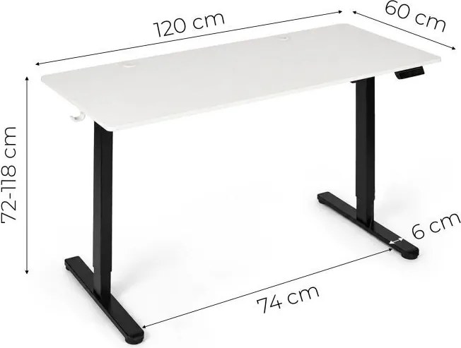Elektrický písací stôl 120x60 cm, výškovo nastaviteľná 72-118 cm biela doska