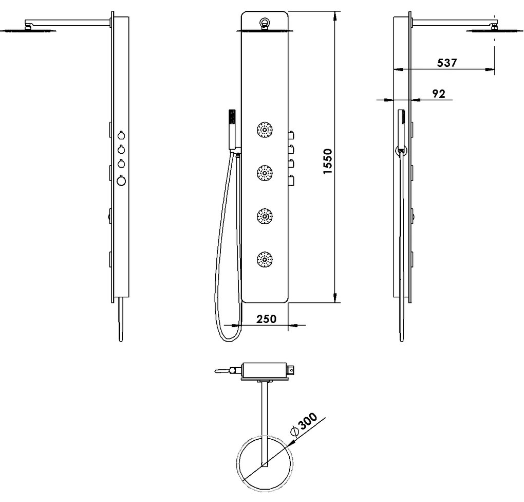 Polysan, SPIRIT ROUND sprchový panel s termostat. batériou 250x1550mm, nástenný, biela, 71151