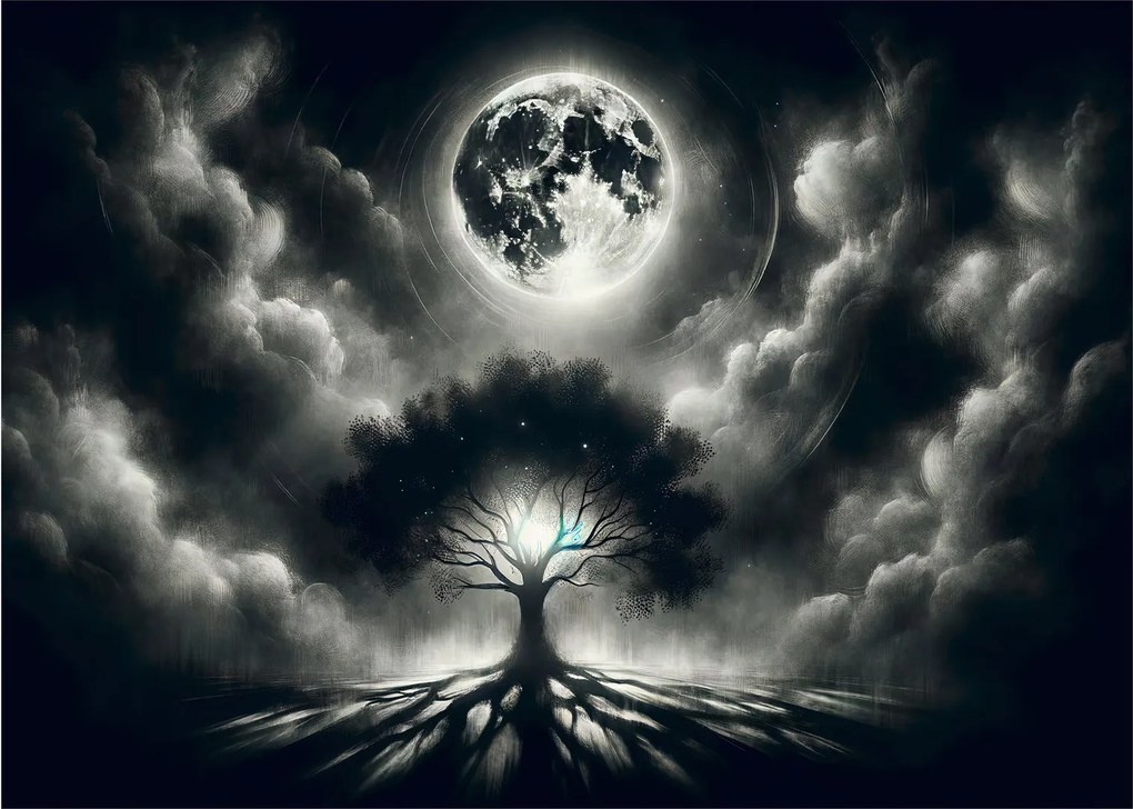 Sklenený obraz – Čiernobiely strom v splne (70x50 cm)