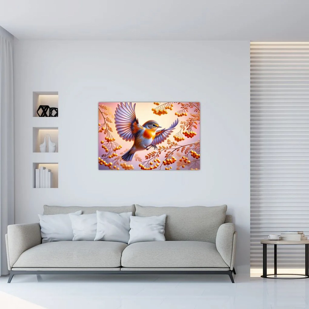 Obraz - Vták s jarabinou (90x60 cm)