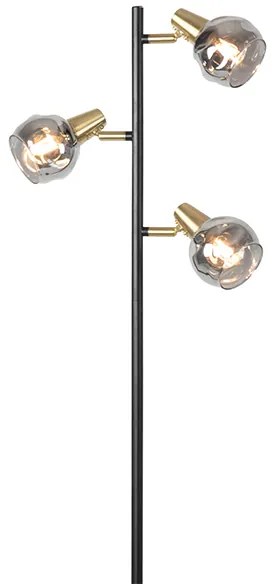Stojaca lampa v štýle Art Deco čierna a zlatá s dymovým sklom 3-svetlo - Vidro