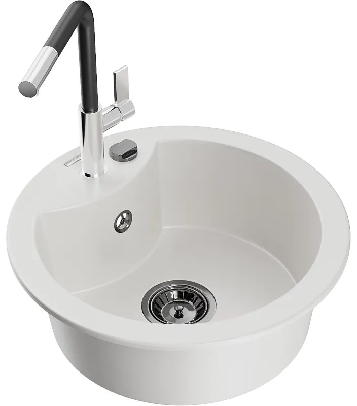 Mexen Diego, 1-komorový granitový drez 488x488x167 mm a drezová batéria Flora, biela, 6512-20-670401-07-B