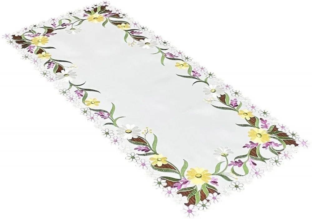 Biely obrus s jemnou výšivkou jarných kvetov Šírka: 60 cm | Dĺžka: 120 cm