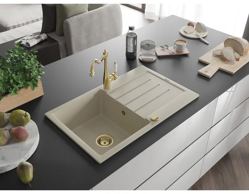 Mexen Bruno, granitový drez 795x495x200 mm, 1-komorový a drezová batéria Carla, béžová, 6513-69-670700-50