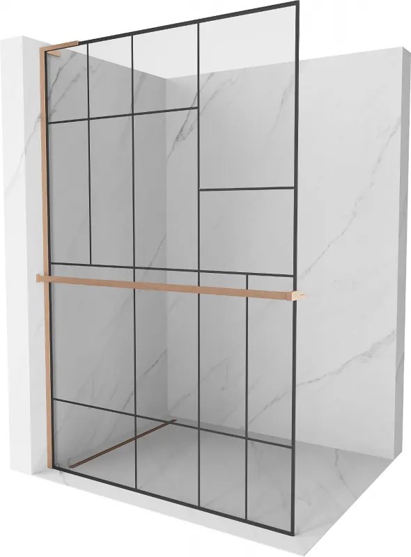 Mexen Kioto+ L, sprchová zástena Walk-In s poličkou a vešiakom 120 x 200 cm, 8mm číre sklo čierny vzor, medený matný profil, 800-120-123-65-78
