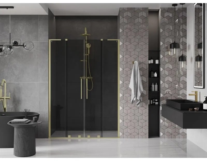 Mexen Velar L Duo, posuvné sprchové dvere do otvoru 140 cm, 8mm šedé sklo, zlatá matná, 871-140-003-42-55